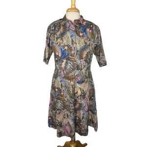 Vintage Brown Feather Button Up Cotton Shirt Dress Size 12 Womens Made in USA